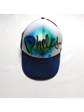 Vintage 90s Nissin Cap Navy Blue Mesh Trucker Hat Airbrush Phelps Snapback